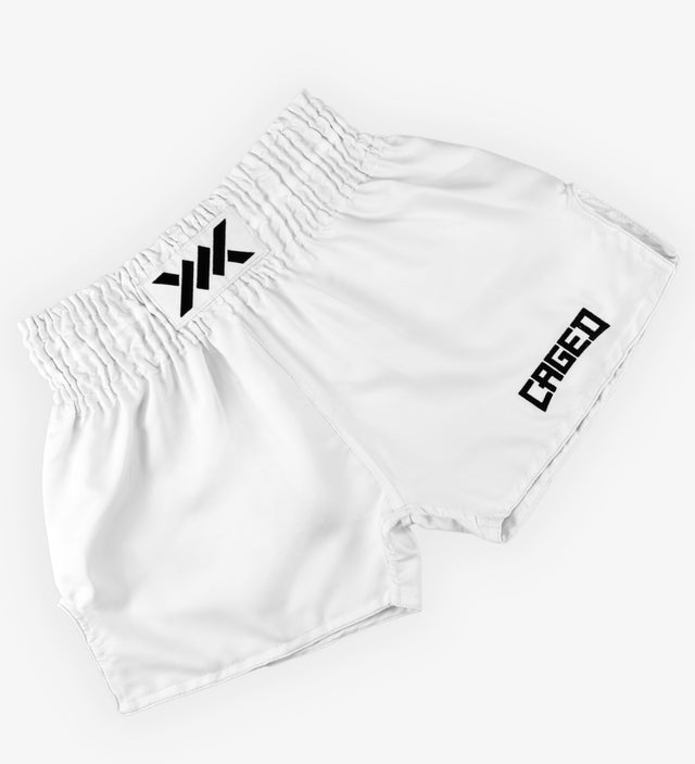 Muay Thai trenky Caged Classic – Bílé/Černé