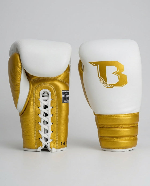 Guantes de boxeo Booster Rapid Strike con cierre de cordones – Blanco/Oro