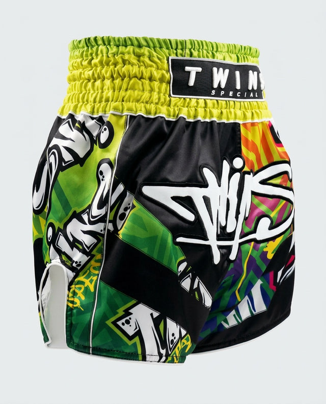 Twins Muay Thai shorts TTBL Graffiti - Sort/Grøn/Gul