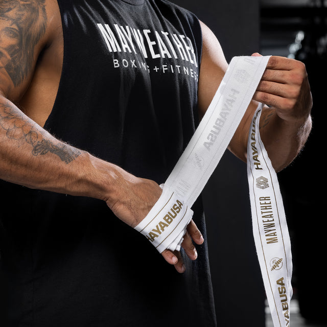 Vendas de boxeo Hayabusa x Mayweather Stretch – Blanco/Oro