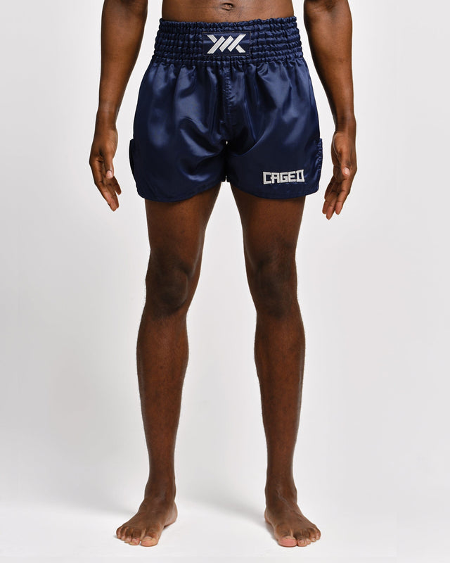 Muay Thai trenky Caged Classic – Tmavě modré/Bílé