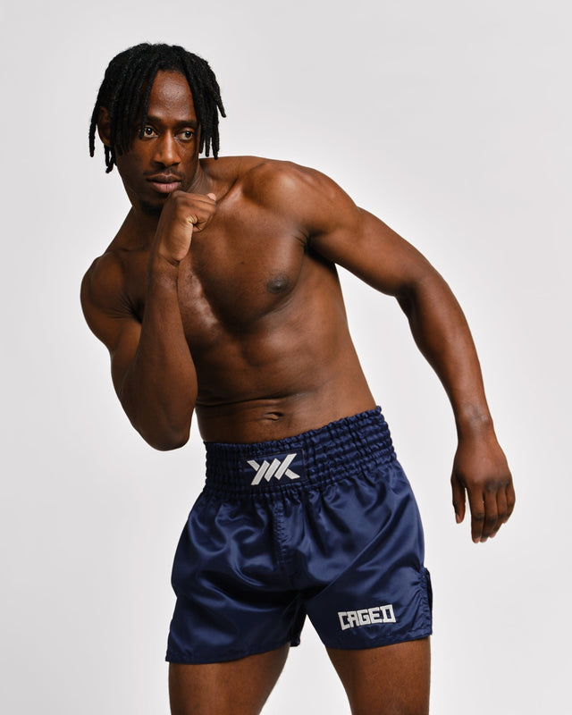 Muay Thai trenky Caged Classic – Tmavě modré/Bílé
