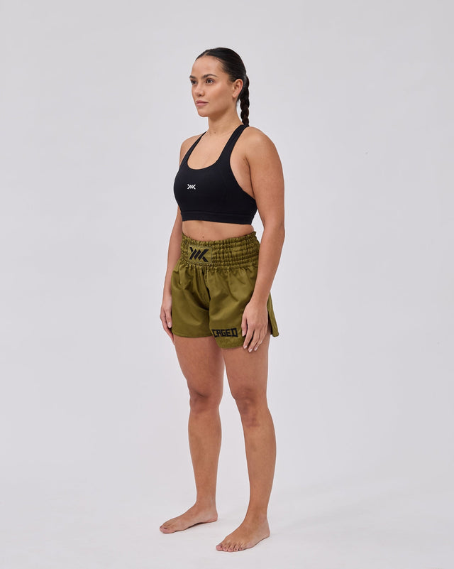 Caged Muay Thai Shorts Classic – Khaki Green/Black Women