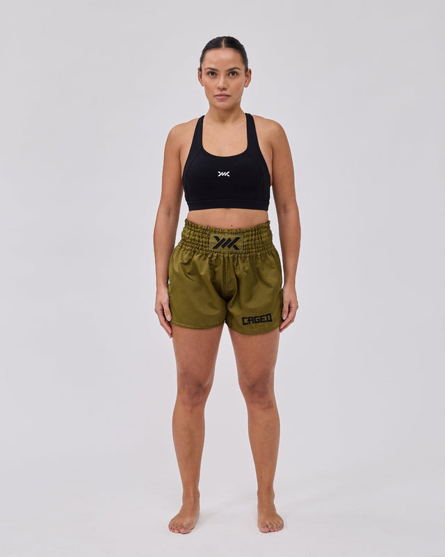 Caged Muay Thai Shorts Classic – Khaki Green/Black Women