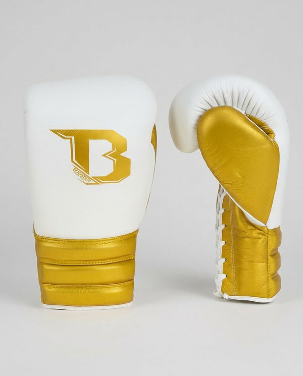 Gants de boxe Booster Rapid Strike à lacets – Blanc/Or