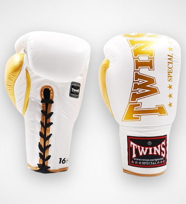 Gants de boxe Twins BGVLL8 à lacets – Blanc/Or