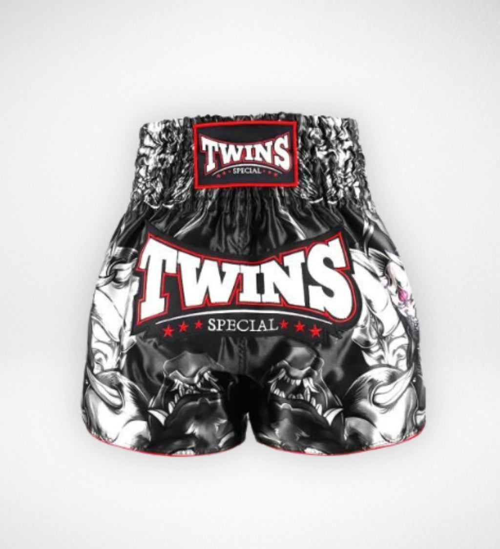 Pantaloncini Muay Thai Twins TTBL Kabuki – Nero/Grigio/Rosso