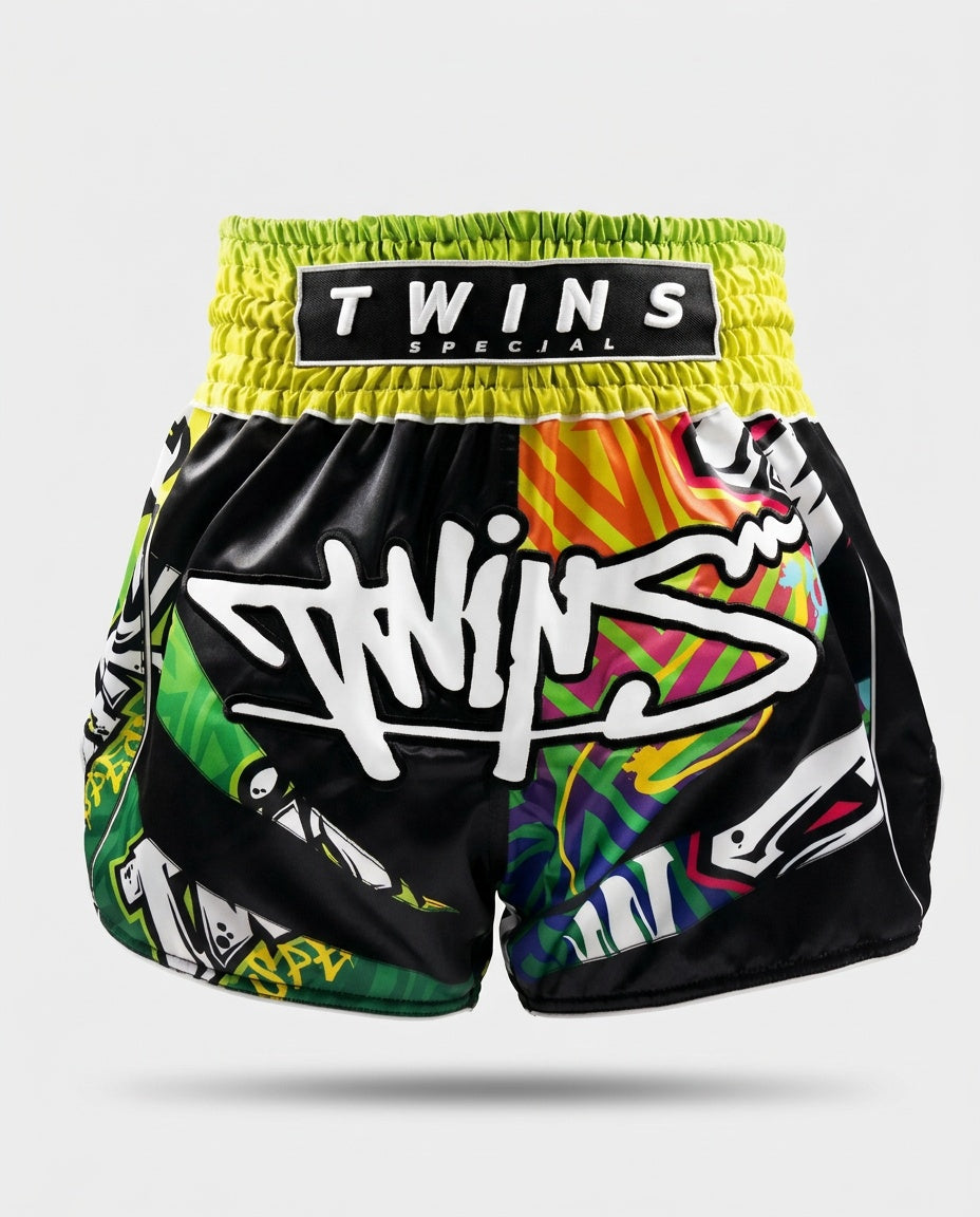 Twins Muay Thai shorts TTBL Graffiti - Sort/Grøn/Gul