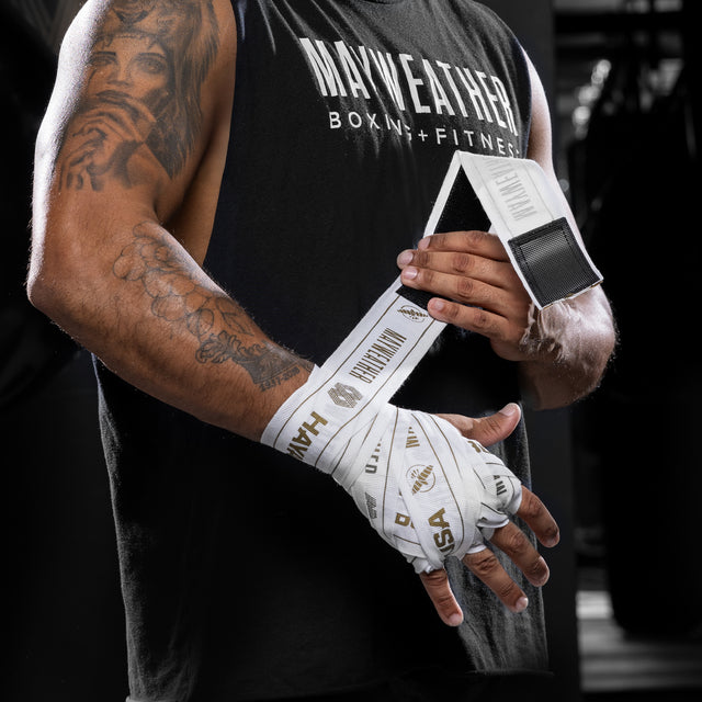 Vendas de boxeo Hayabusa x Mayweather Stretch – Blanco/Oro